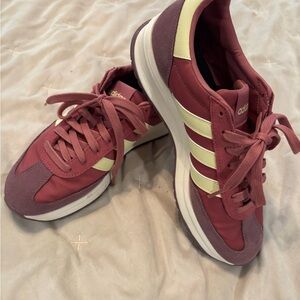 Adidas Women's maroon &  light lime green striped shoes.
